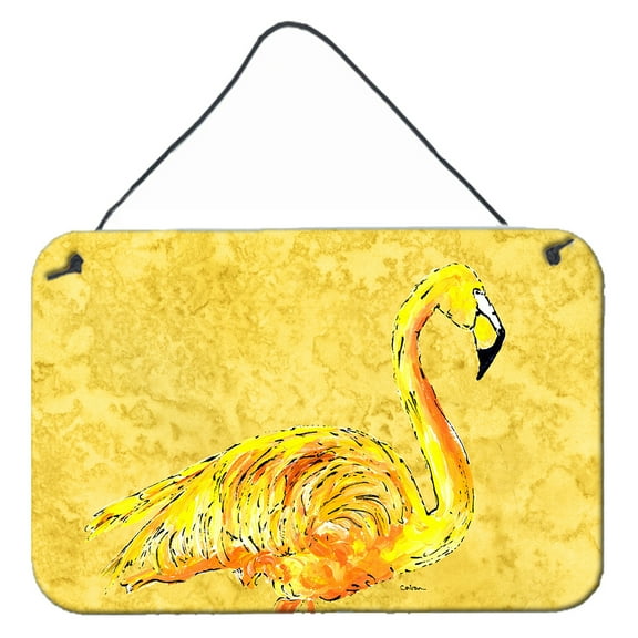 Carolines Treasures 8872DS812 Flamingo on Yellow Wall or Door Hanging Prints 8x12 multicolor