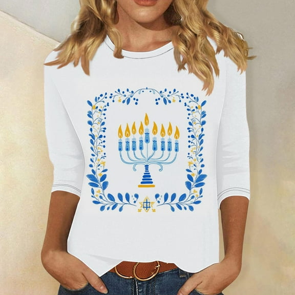 Qulqfy Plus Size Hanukkah Shirts for Women 3/4 Length Sleeve Novelty Tops Chanukah Party Funny Crew Neck Menorah Tops Womens Blouses L