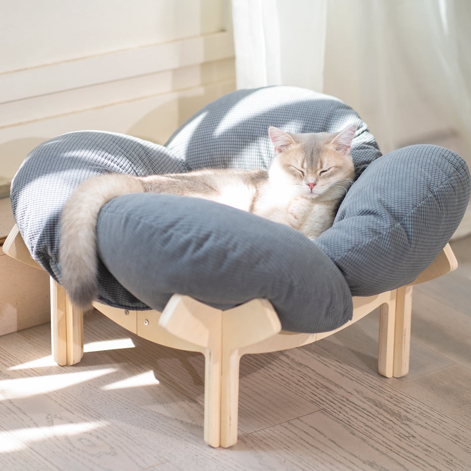 CheerPals Elevated Cat Bed, Washable Flower Pet Cushion with Sturdy Wooden Frame, Heavy-Duty Lounge Chair for Indoor Cats & Small Dogs, Gray
