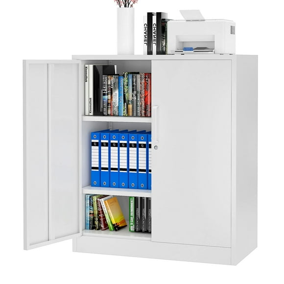 Metal Storage Cabinet with Locking Doors, 2-Door Small Steel Cabinet with Shelves, Counter High Storage Cabinets for Garage, Pantry Kitchen, Home Office, School