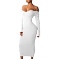 thumbnail image 1 of LUXUR Robe Tricotée pour Femme à Manches Longues, Robes Midi à Col en V, Aguichant, Garçon, Blanc, G, 1 of 2