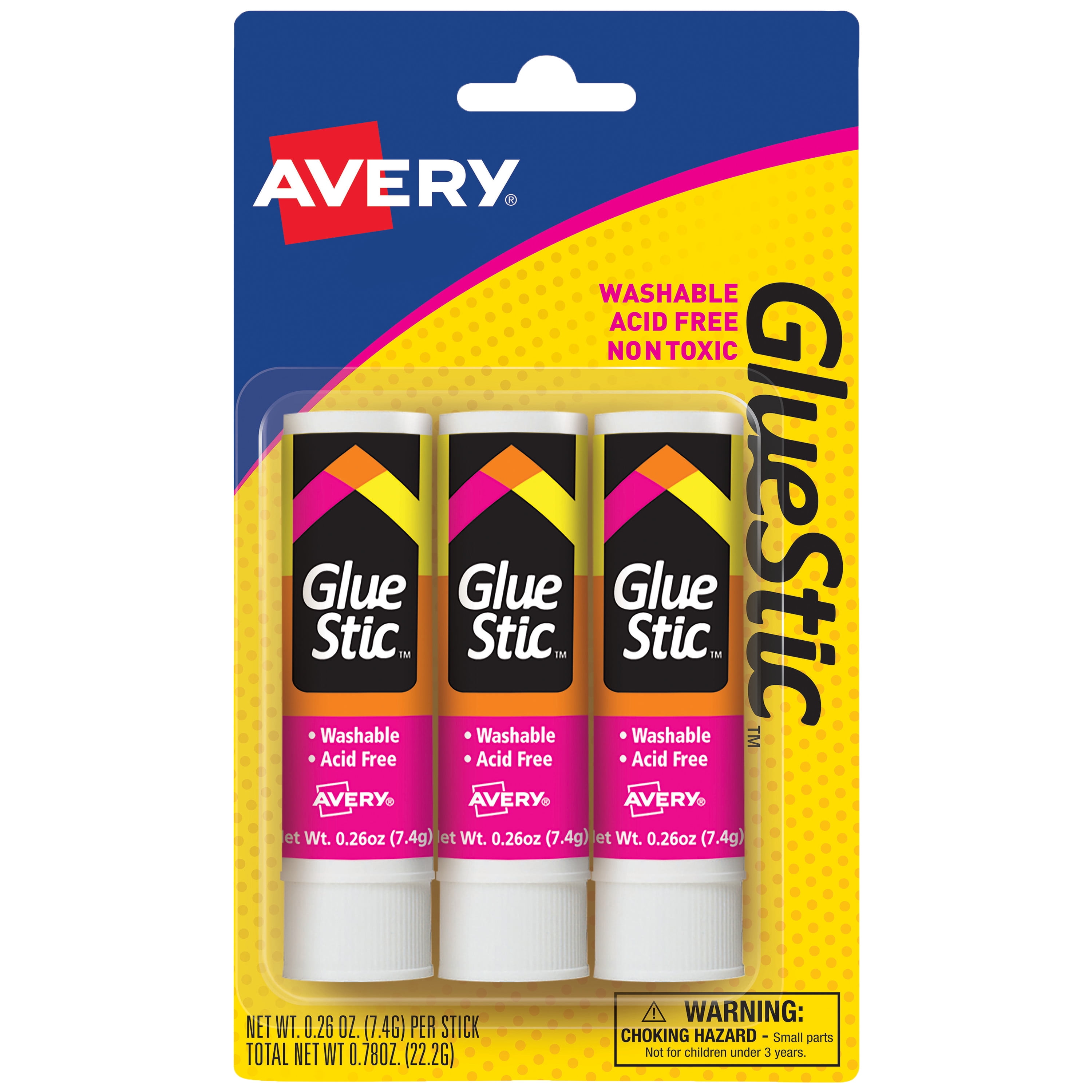 Avery Glue Stic, Nontoxic, Permanent, 0.26 oz., 3 Sticks