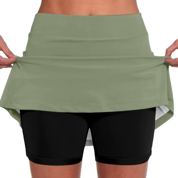 Women's Yoga Sport Mini Skirts Casual Solid Color Tennis Pocket Tummy Control Short Army Green Skirt L