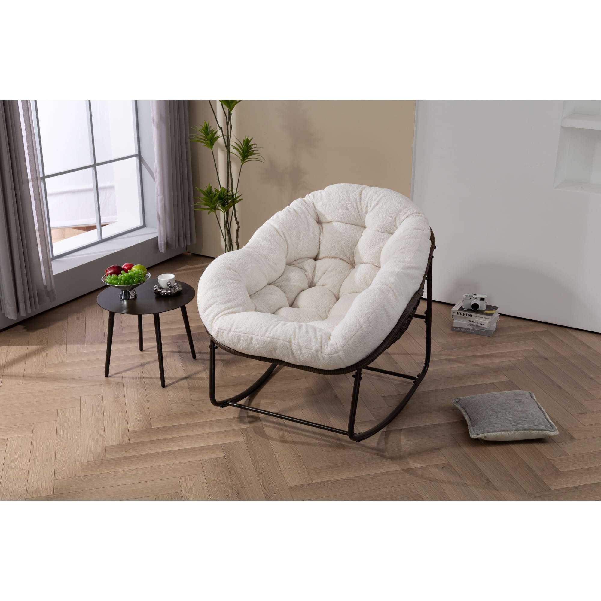 Leumius Outdoor Rattan Rocking Chair, Padded Cushion Rocker Recliner Chair Outdoor for Front Porch Living Room Patio Garden, Ancient White