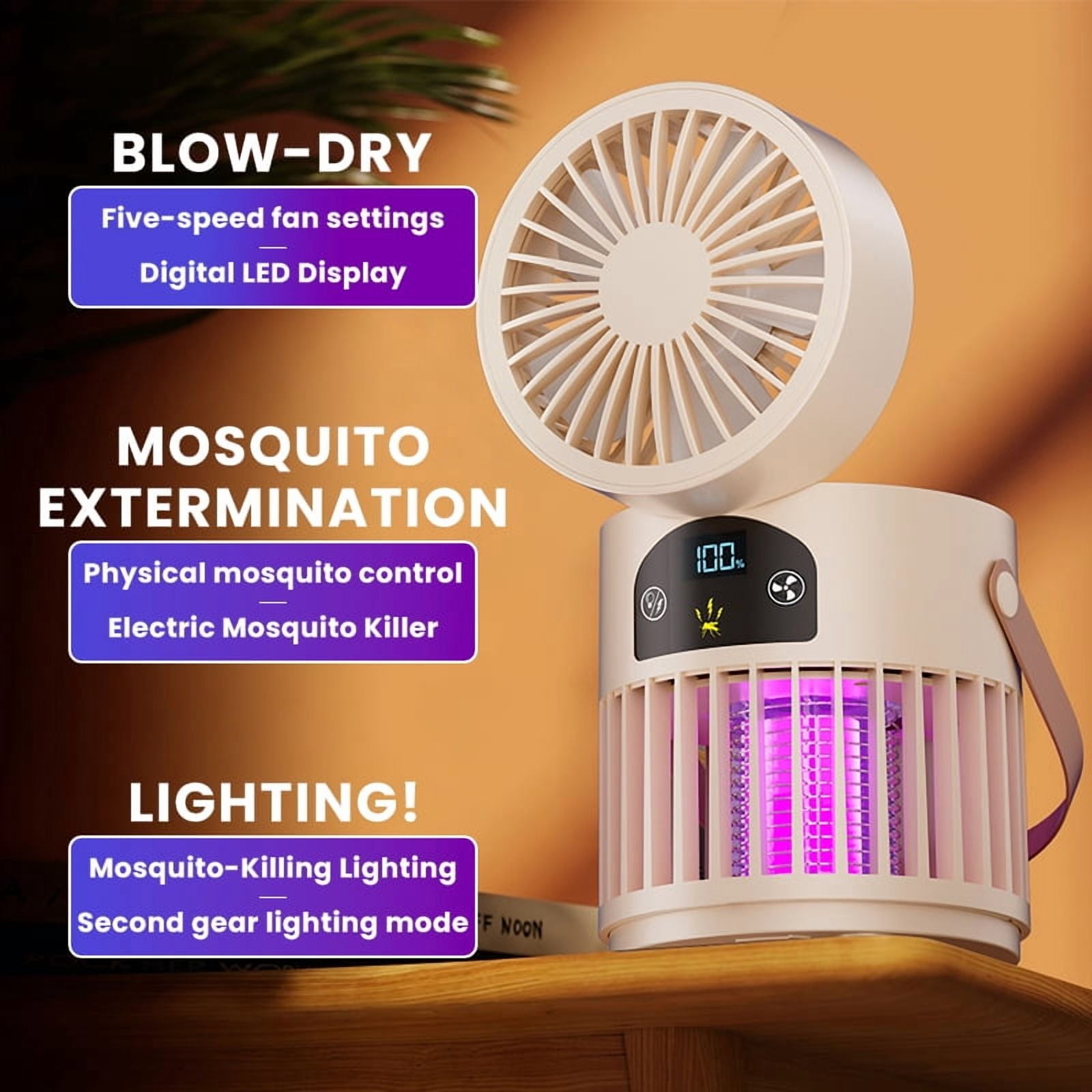 6-in-1 Portable Mosquito Killer Fan with 5 Wind Speeds, Multifunctional for Outdoor Camping & Home Use（Cream）