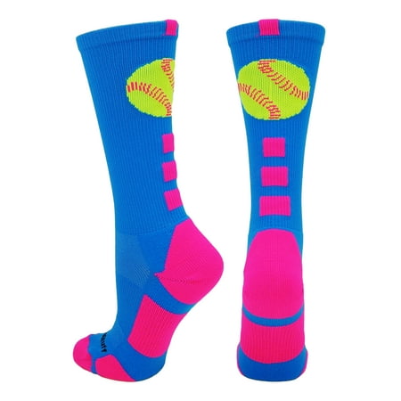 Softball Logo Crew Socks (Electric Blue/Neon Pink, Medium) - Electric Blue/Neon