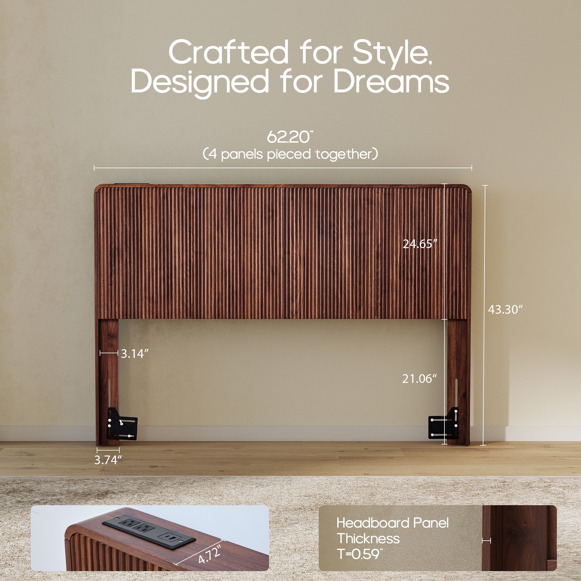 YOCWO Headboard for Queen Size Bed with Charging Station, Fluted Grooved Panel Head Board with Rounded Corners, Walnut, Headboard Only(Bed Frame Not Included)