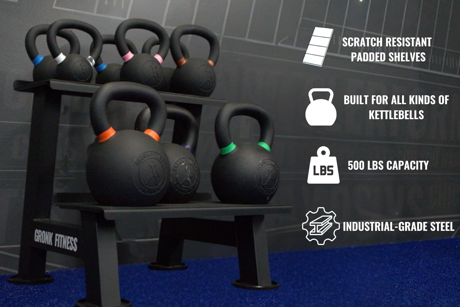 Gronk Fitness Kettlebell Storage Rack | 2-Tier Shelf with Scratch-Resistant Padded Shelves | Heavy-Duty Weight Rack for Home Gym & Strength Training | Organize Kettlebells & Gym Equipment