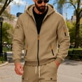 thumbnail image 3 of Men's Outdoor Cargo Full Zip Hoodie Jackets Drawstring Zipper Pockets Fleeced Casual Sweatshirt Camel L, 3 of 8