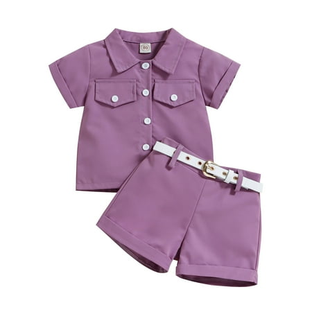 

Zlekejiko Summer Toddler Girls Short Sleeve Tops And Shorts Belt Outfit