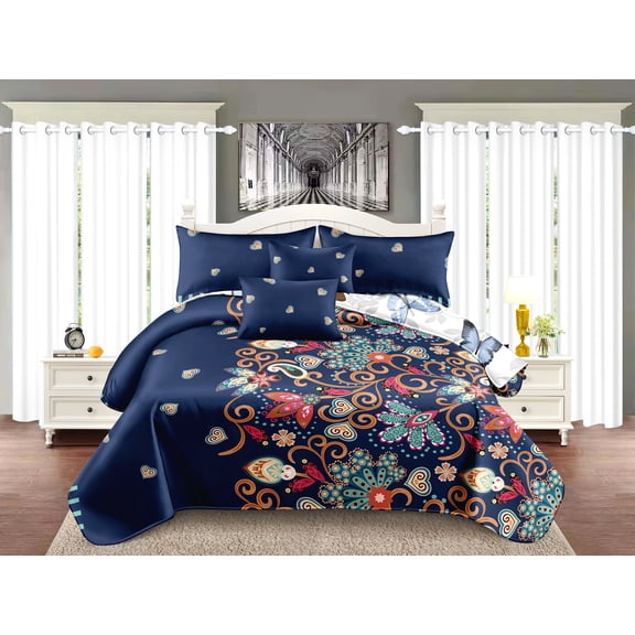 Bohemian Paisley Floral Queen Comforter Set 5 Pieces, Navy Blue Microfiber Bedding Set with Comforter, Pillowcases & Cushion Covers for All Seasons Bedroom Decor