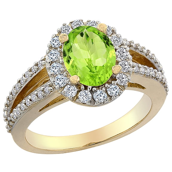 14K Yellow Gold Natural Peridot Halo Ring Oval 8x6 mm with Diamond Accents, size 9