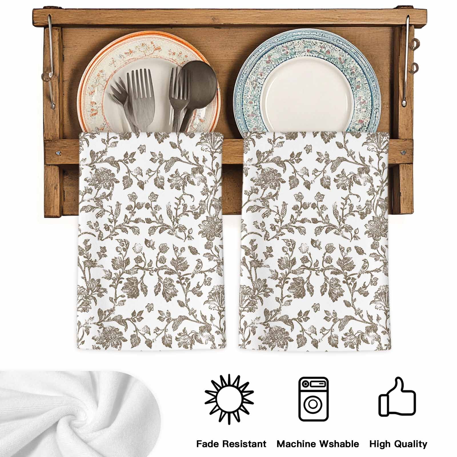 Brown Flower Microfiber Kitchen Towel, Vintage Farmhouse Boho Leaf Spring Plant Soft Absorbent Dish Towels, Quick Drying Washable Dishcloths for Kitchen Cleaning, Drying Dishes, 18x28 Inches