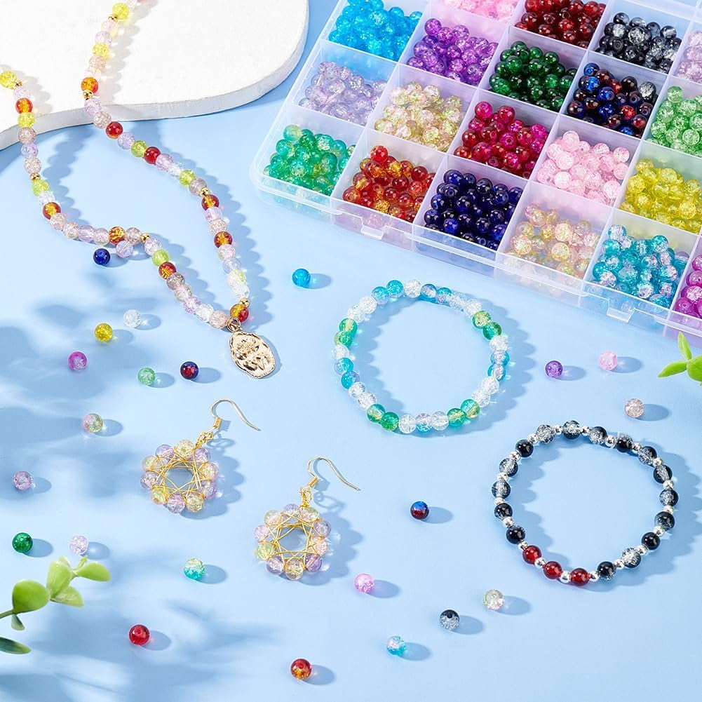 1080pcs Crackle Glass Beads 24 Colors 6mm Lampwork Crystal Bead Round Loose Beads Handcrafted Bracelet Beads for Summer Beading Friendship Bracelet Mother Jewelry Making