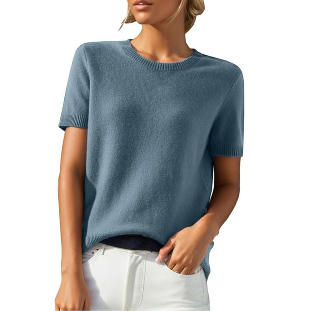 Fartey Chandails à Manches Courtes pour Femmes, Mignons et Légers, T-Shirts à Col Rond, Unis, Coupe Décontractée, Chemisiers Habillés Décontractés 2025 Bleu Ciel G
