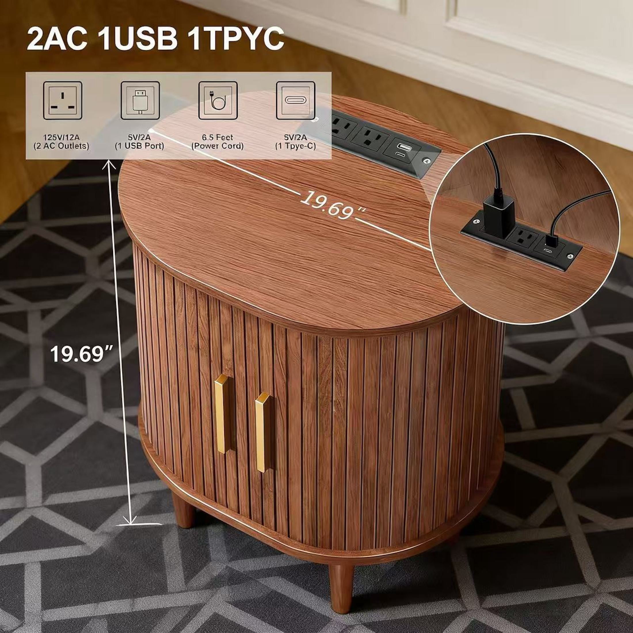 Aisword Nightstand with Charging Station, Fluted Accent Side Table with Sliding Door and Adjustable Shelf, End Table for Small Space, Walnut