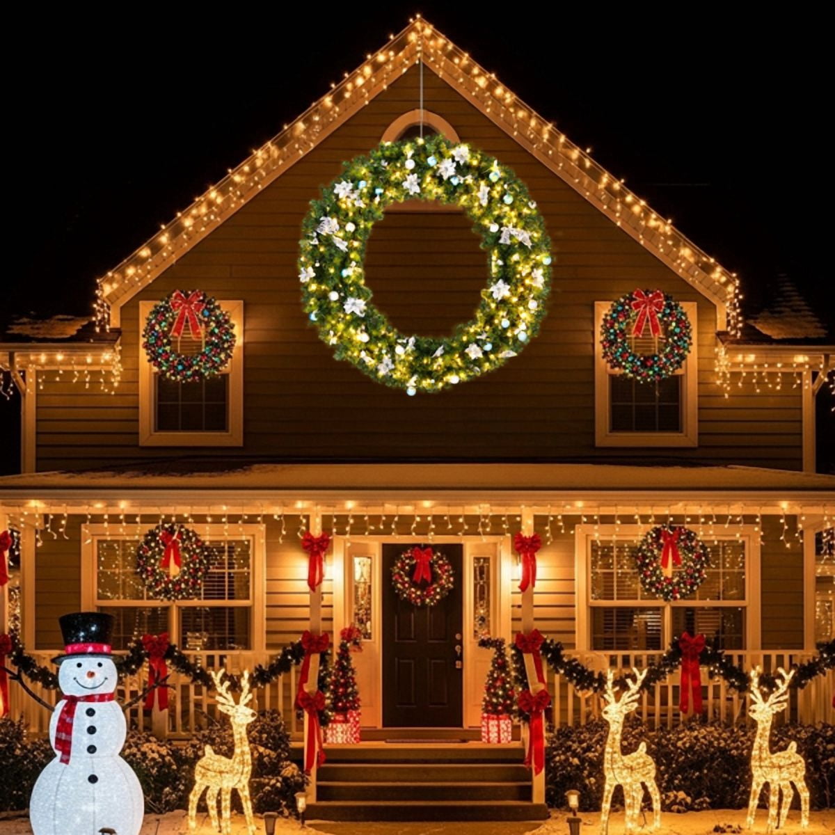 60in Lighted Artificial Christmas Wreath, 600 PVC Tips, 220 Warm/Cold White LEDs (11 Modes), DIY Ornaments for Front Door/Mantel/Gate