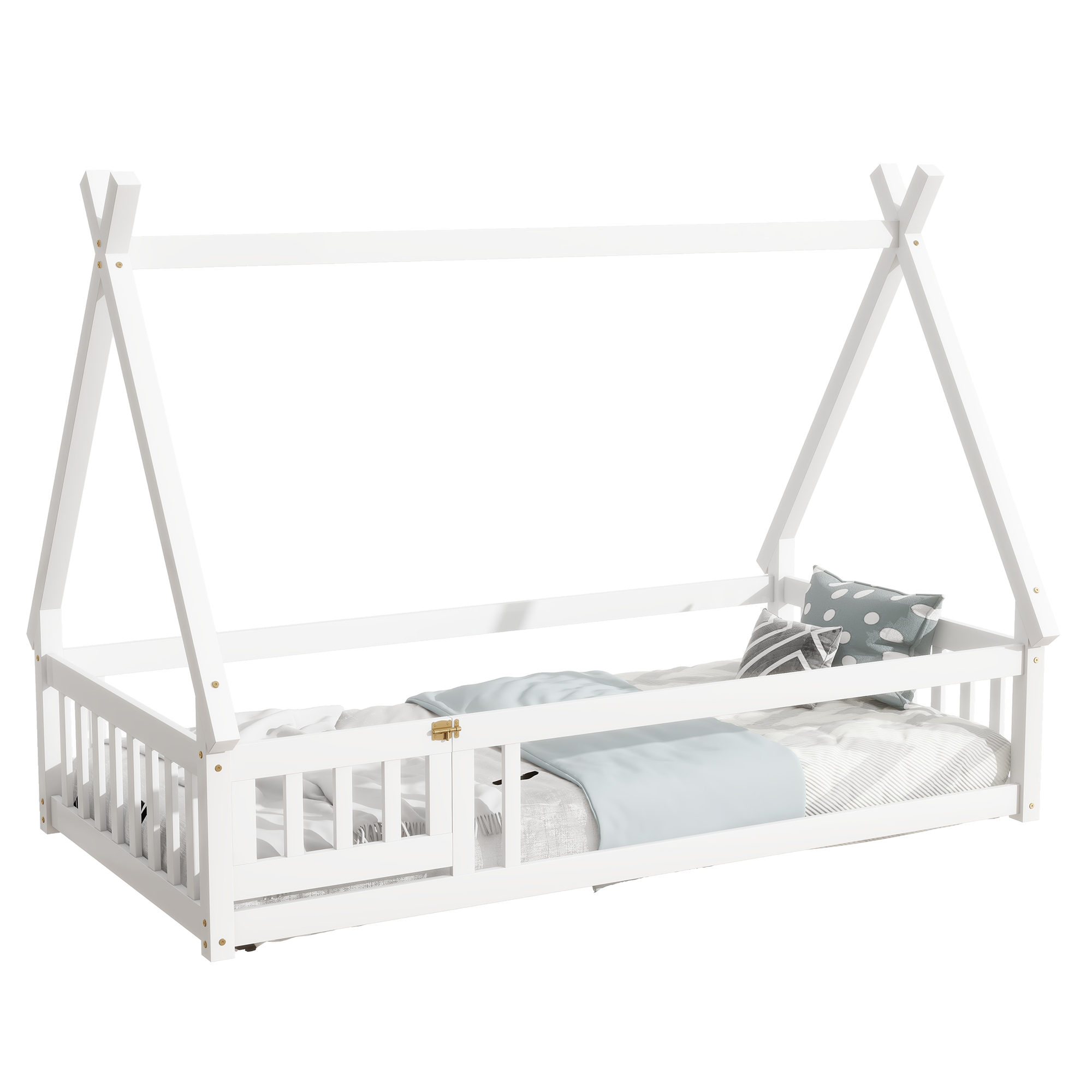 Miniyam Twin Floor Bed for Kids with House Frame, Guardrails and Lockable Door, White