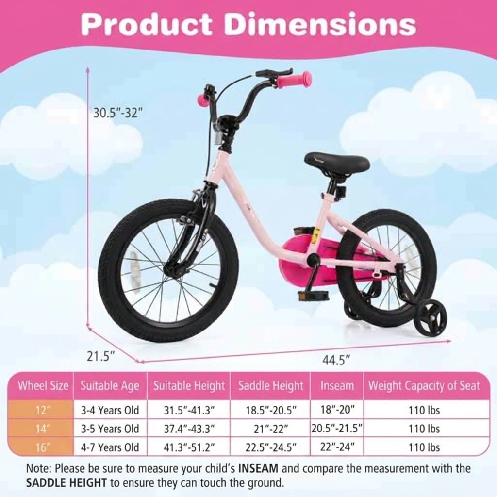 Redsmile Kids Bike 12 Inch for 3-7 Years Old Boys and Girls, Toddler Bicycle with Adjustable Handlebar and Seat, Children Bike 12/14/16-Inch, Holds 110 lbs, Pink