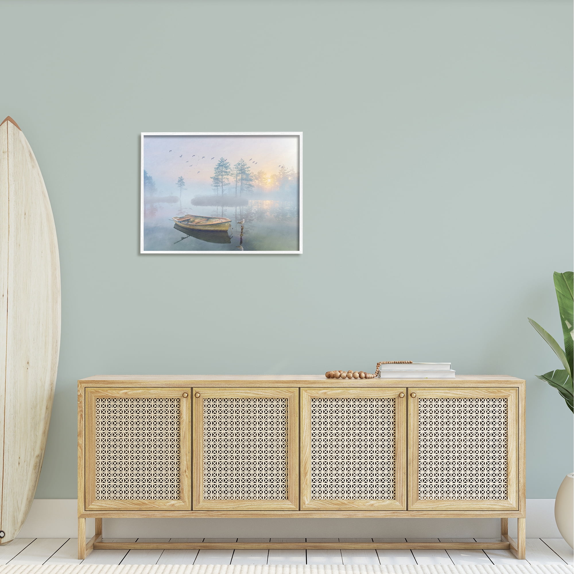 Stupell Dinghy Boat Foggy Pond Reflection Landscape Painting White Framed Art Print Wall Art