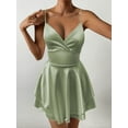 thumbnail image 4 of Women Spaghetti Strap Satin Dress Sleeveless Low Cut Backless Short Romper Dress Party Jumpsuit Yellow-Green L, 4 of 9
