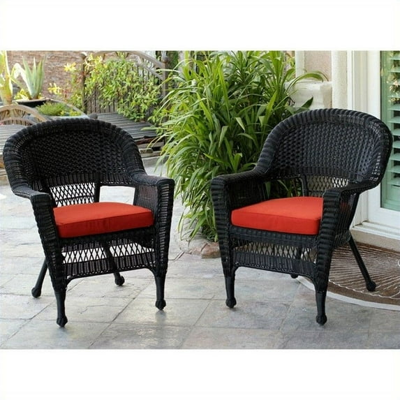 Jeco Wicker Chair in Black with Tan Cushion (Set of 2)