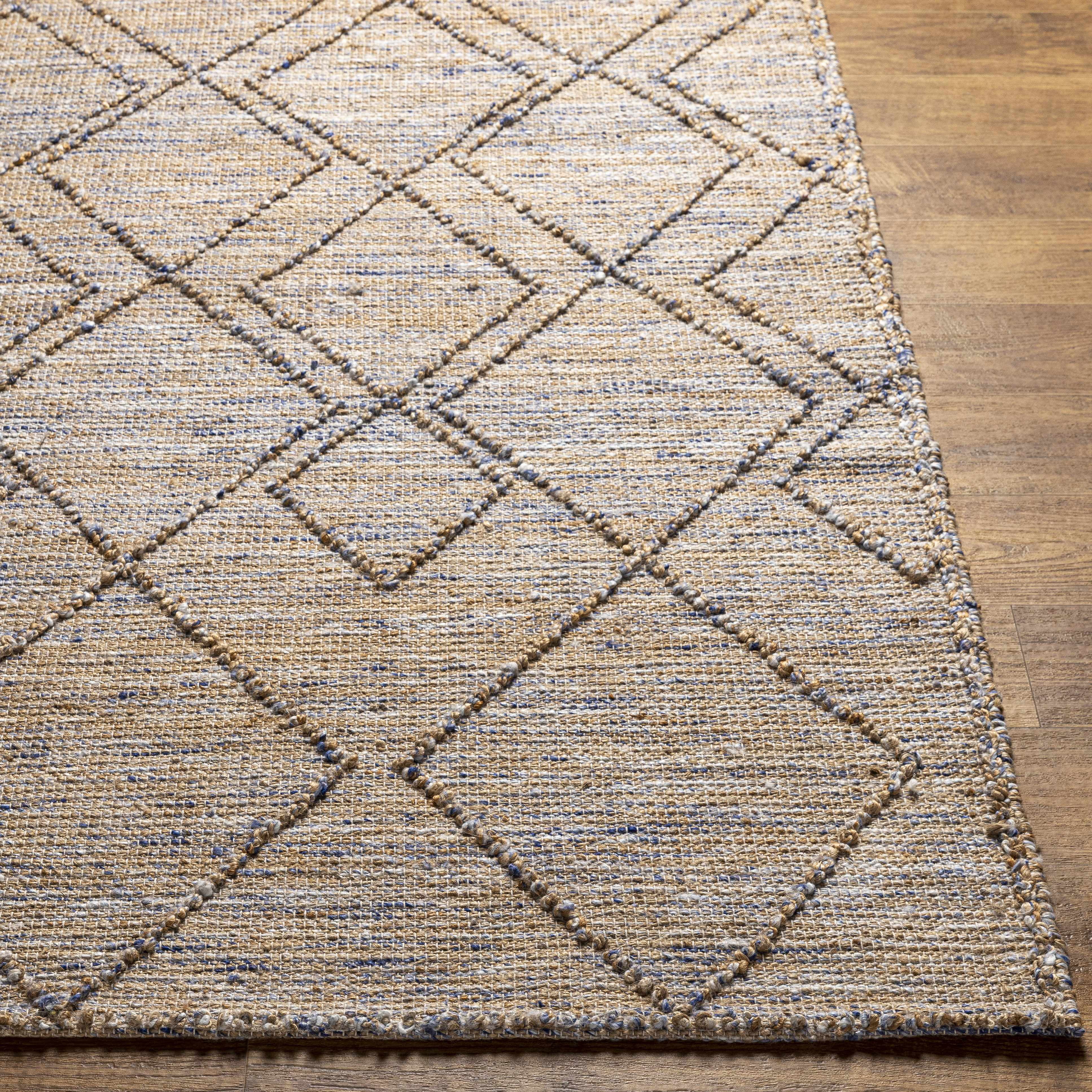 Hauteloom Schonbrunn Jute Living Room, Bedroom Area Rug - Geometric Diamond Lattice Trellis - Bohemian Transitional Boho Tribal Modern - Tan, Navy, Pale Blue, Beige, Brown - 2' x 3'