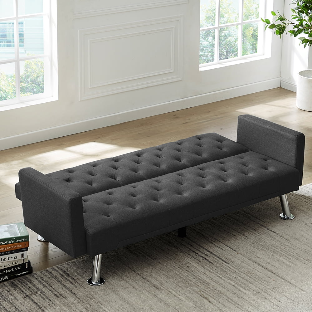 Canddidliike Modern Upholstered Couch Bed With Chrome Legs, Convertible Futon Grey Fabric