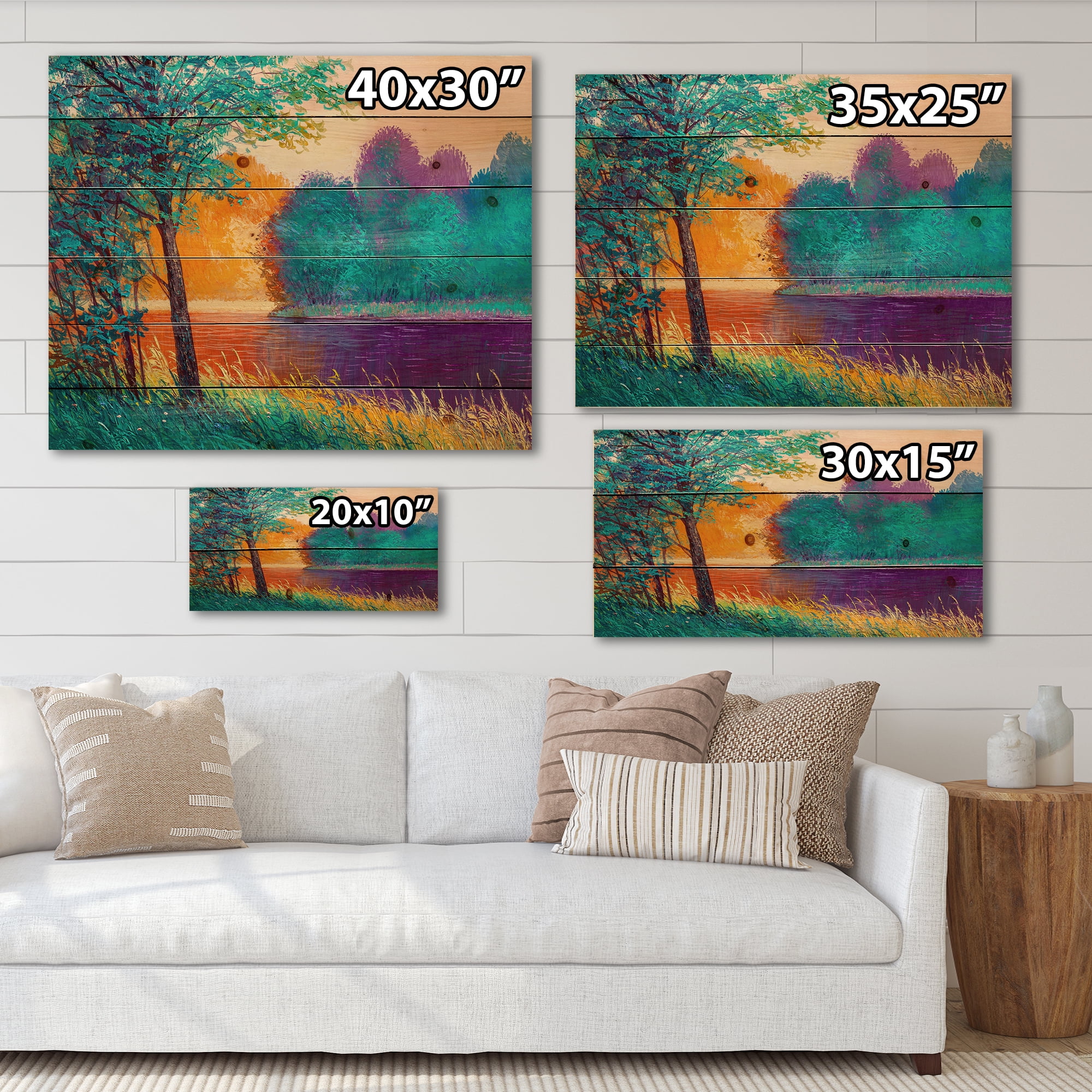 Designart 'Colorful Trees During Twilight Along River' Traditional Print on Natural Pine Wood