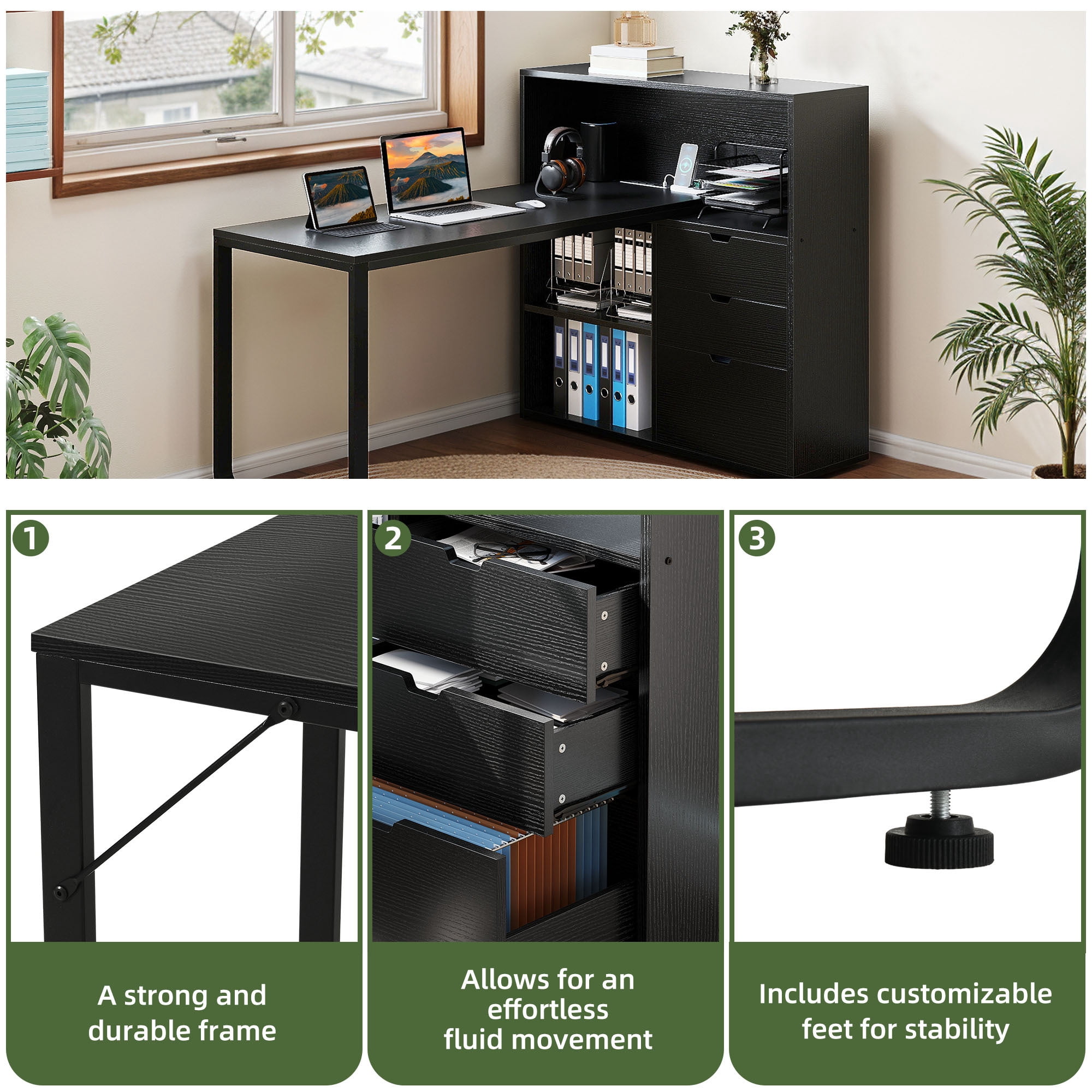 Uforic  55" Corner L Shaped Desk with Power Outlets & LED Lights & File Cabinet, 3 Drawers & 3 Storage Shelves, Home Office Desk with Bookshelf, Black