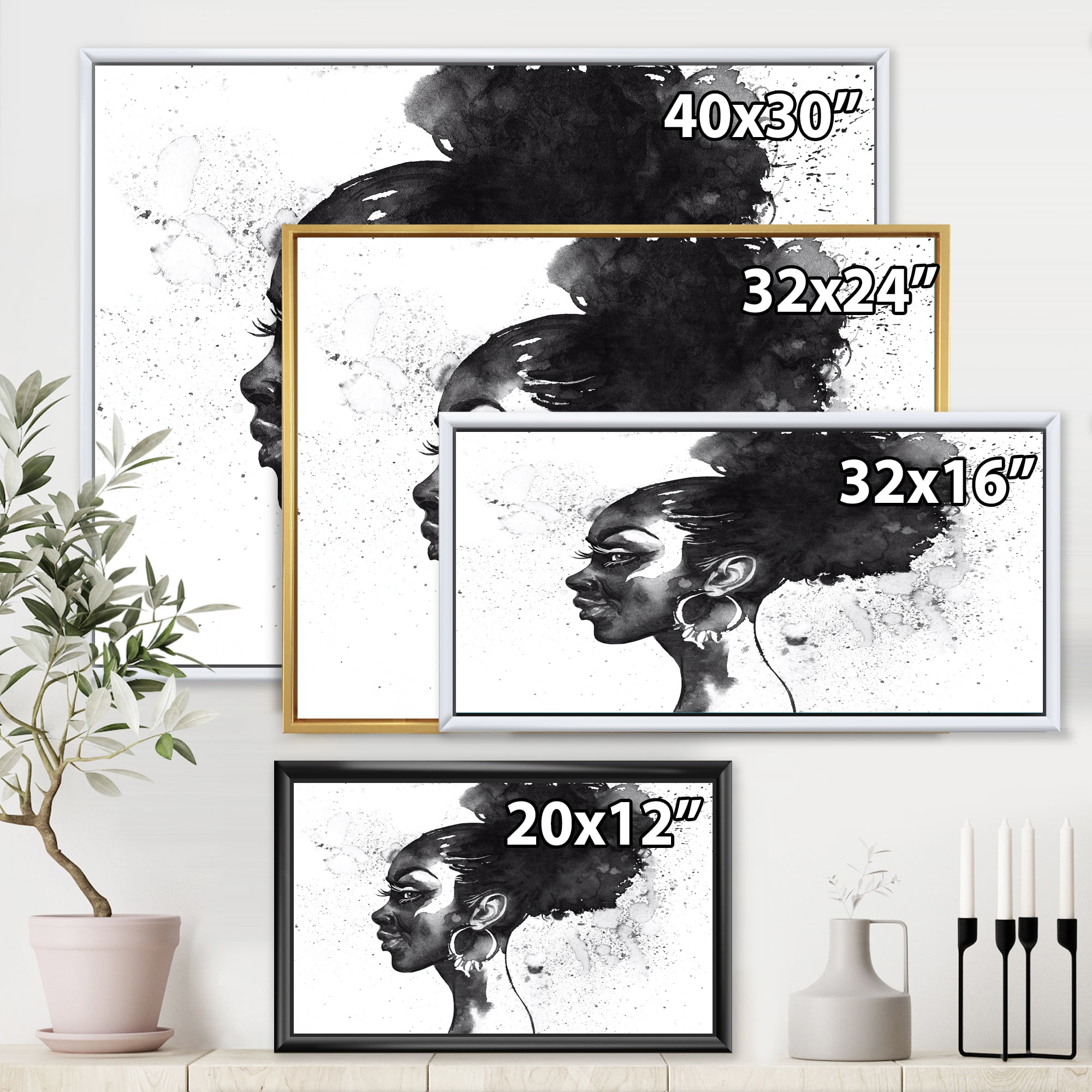 Designart 'Black and White Portrait of African American Woman I' Modern Framed Canvas Wall Art Print