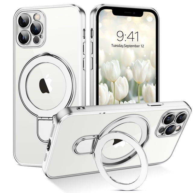 Funda GUAGUA para iPhone 12 Pro de 6.1 pulgadas con soporte magnético transparente, plateada
