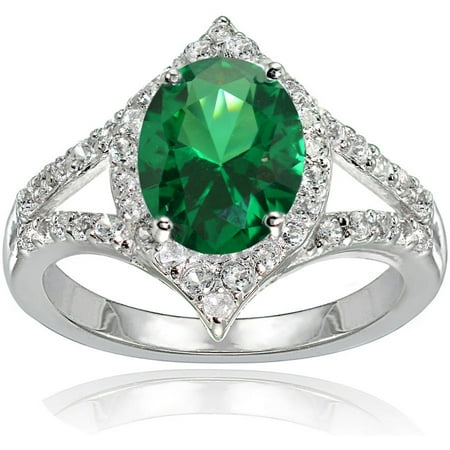 Simulated Emerald and White Topaz Sterling Silver Oval Fashion Split Shank