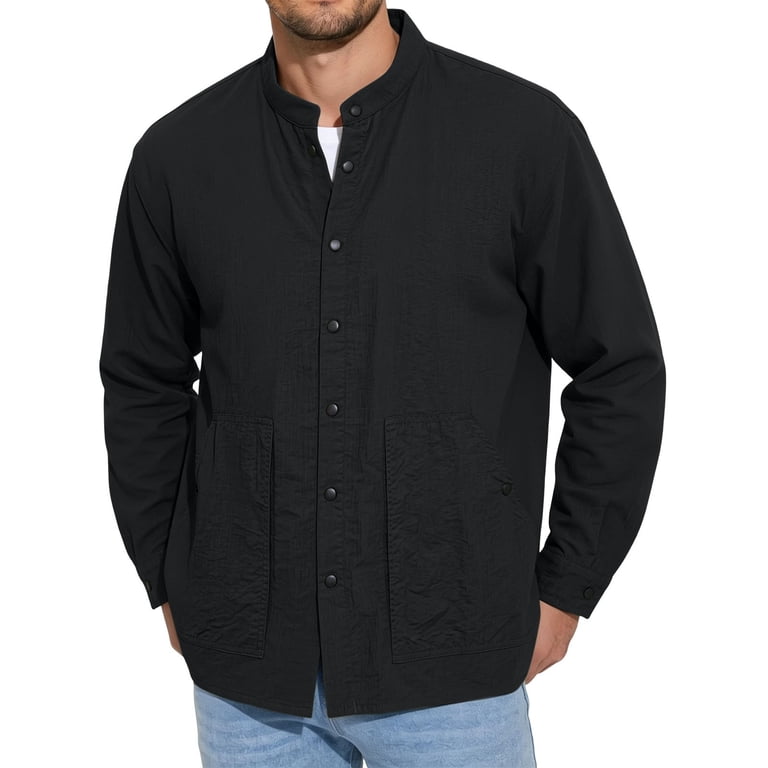Kosheko Men's Lightweight Work Shirt Jacket Mandarin Stand Collar