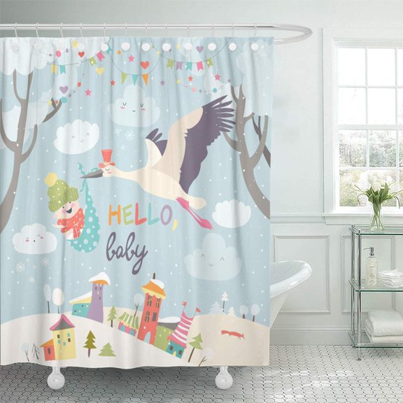CYNLON Winter Stork Bird Baby Landscape Announcement Birth Birthday Born Bathroom Decor Bath Shower Curtain 60x72 inch