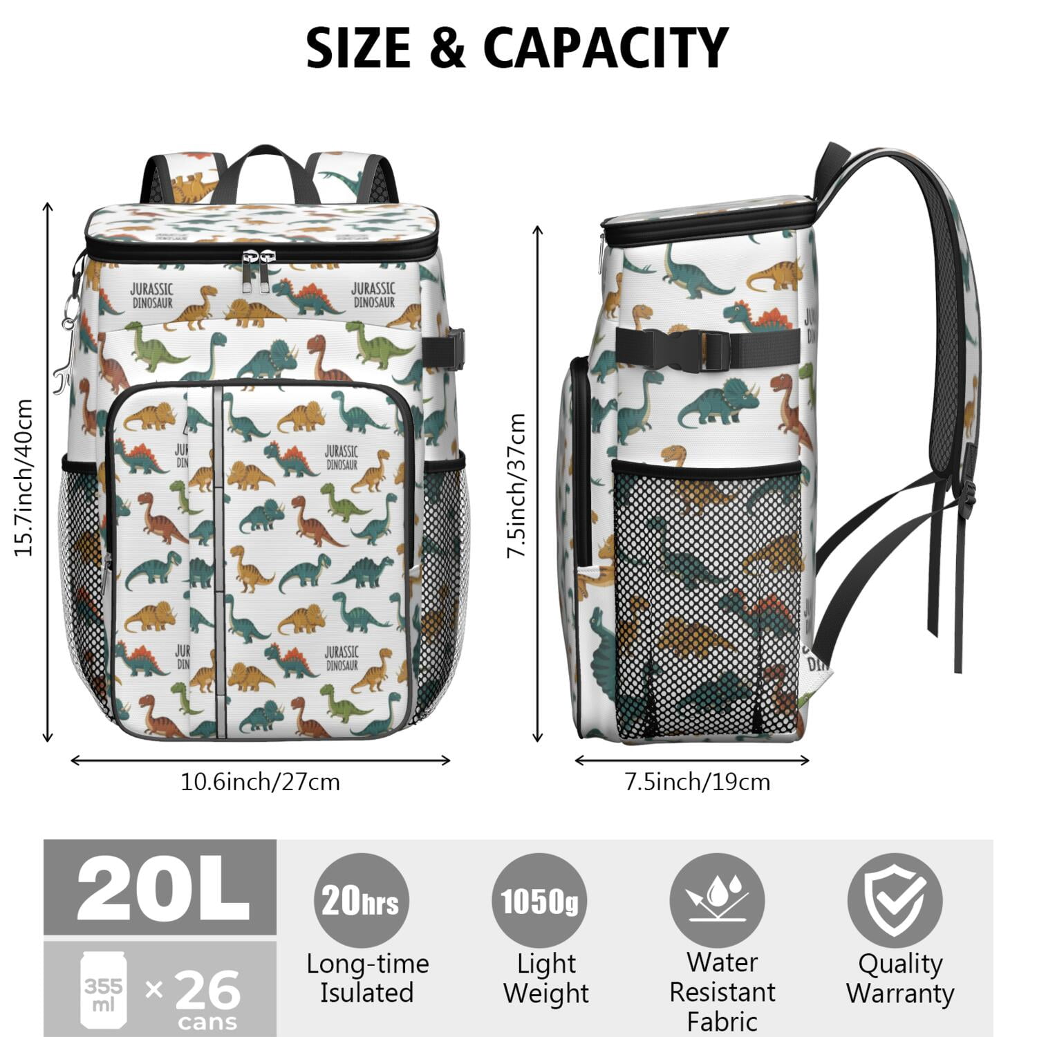Travel Cooler Bag - Dinosaur Pattern Camping Beer Cooler Backpack with Bottle Opener- Waterproof Insulated Picnic Backpacks - Cooler Bag for Beach