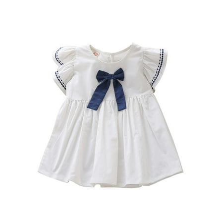 

FYCONE Summer Casual Fashion Baby Girl Dress White Blue Short Sleeve Infant Girls Bowknot Princess Sweet Dresses Party Kids Clothing