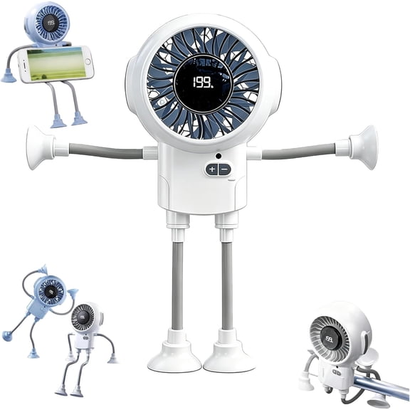 Portable Robot Fan Man with Remote, 199 Speeds & Suction Cup Base for Kitchen, Bedroom, Office Desk & Outdoor Cooling,white