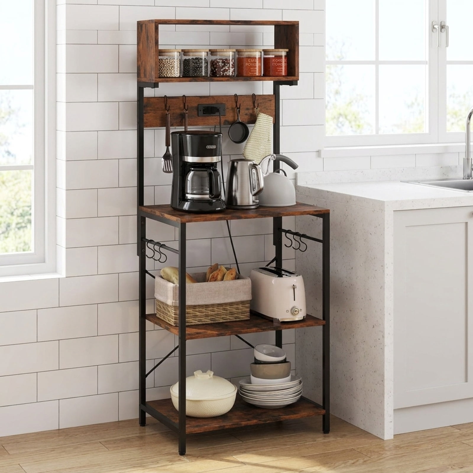 RUIE 60 Inch Tall Microwave Stand with Open Shelves, Kitchen Baker's Rack with Built-in Power Strip and 10 Hanging Hooks, Rustic Brown