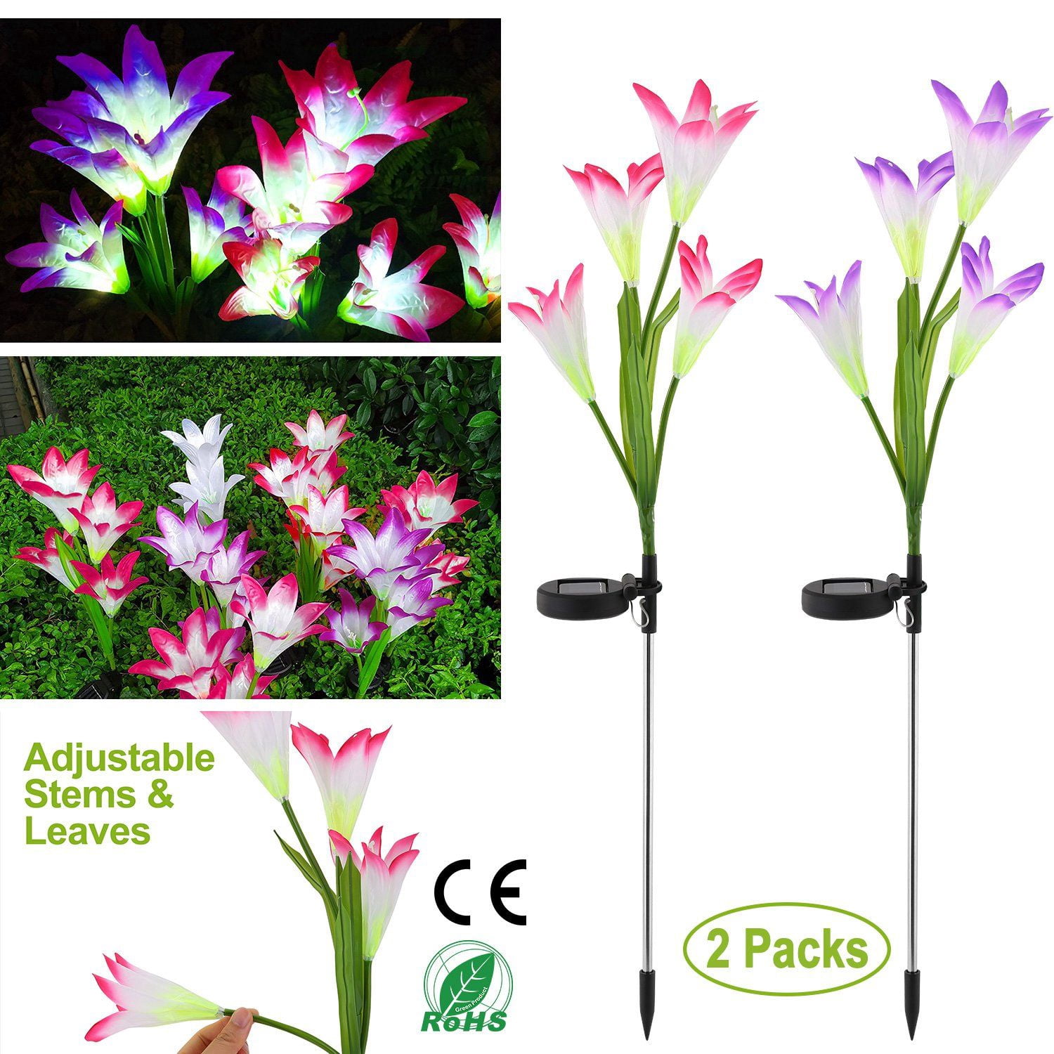 2-Pack Solar Lily Flower Garden Lights with 7-Color Changing LEDs, IP65 Waterproof, Adjustable Stems, Auto On/Off for Pathway Garden Yard Decor