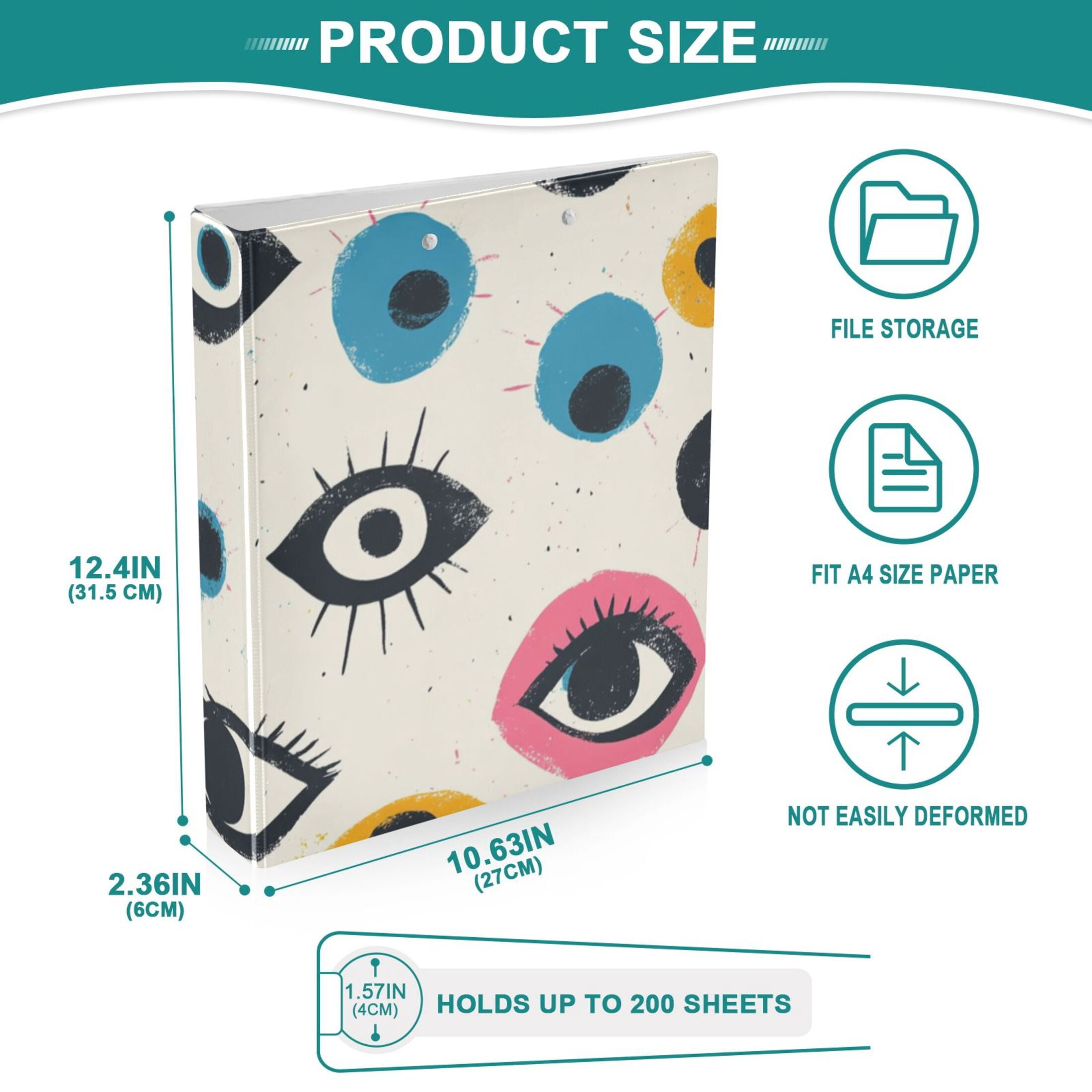 Abstract Eyes 3 Ring Binders 1.5 inch Hardcover File Folders with Interior Pockets A4 Size Organizer for School Office Hospital