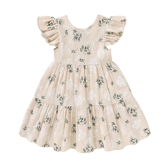 Vestido YOUNGER TREE para niña pequeña, bohemio, lino, estampado floral, caqui