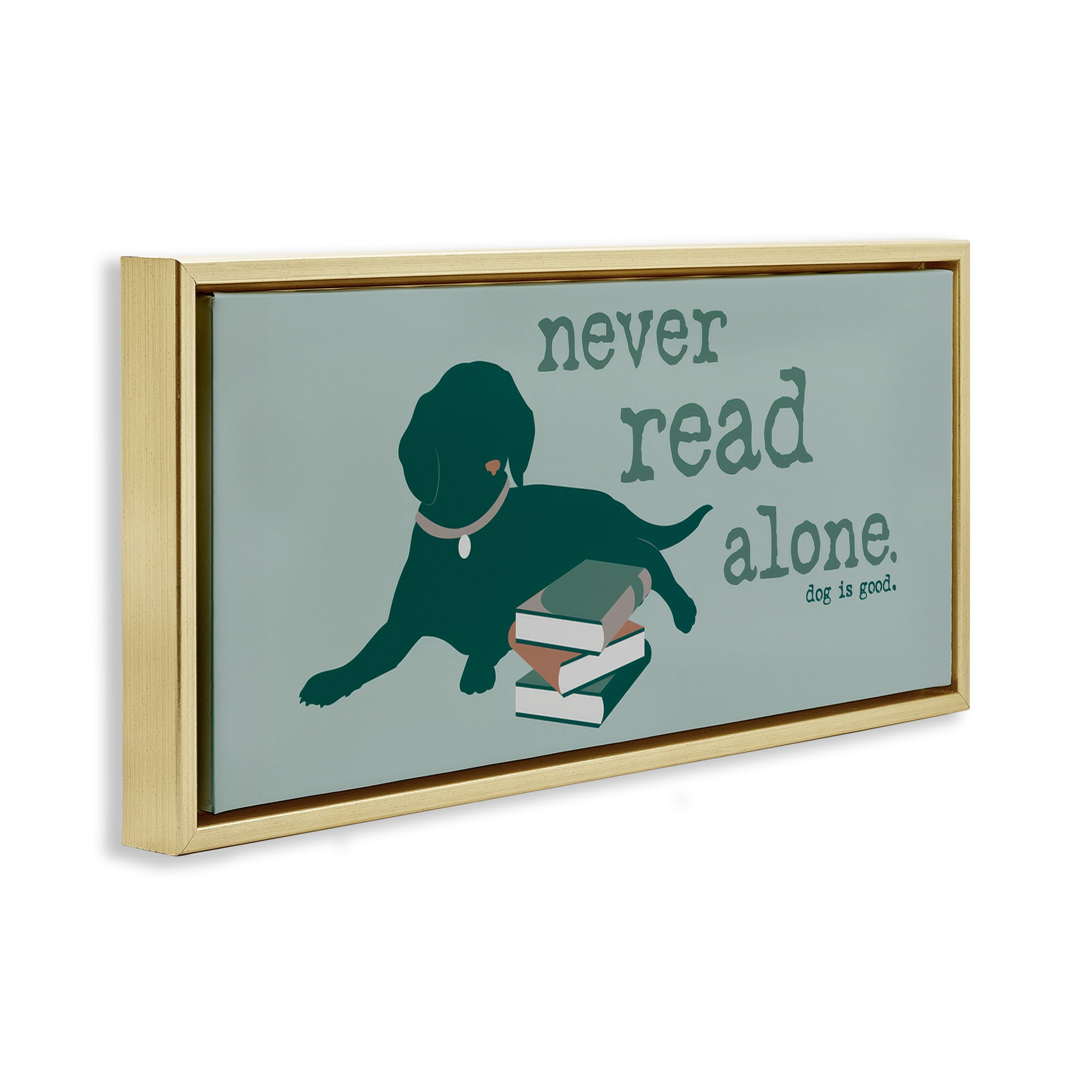 Stupell Industries Never Read Alone Dog Animals Painting Gold Floater Framed Canvas Art Print Wall Art, 31 x 14