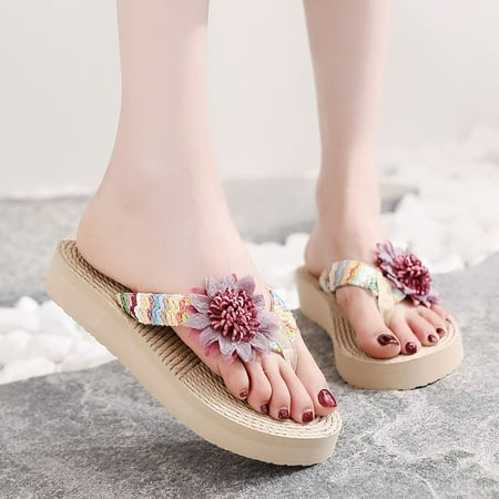 

Women Weave Beach Breathable Sandals Home Slipper Flowers Flip-Flops Flat Shoes