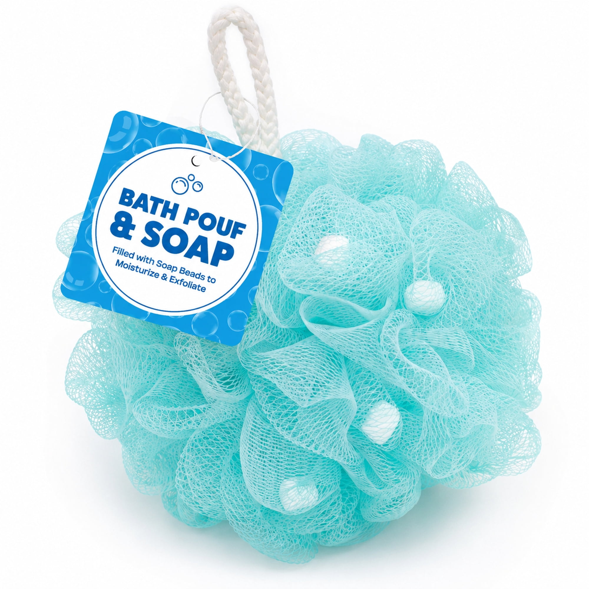 Bath Pouf with Built-In Soap Beads – Exfoliating Mesh Shower Loofah with Hang-to-Dry Loop, Aqua