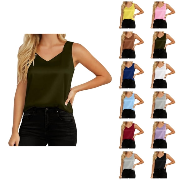 Satin Silk Tank Tops for Women Summer V Neck Camisole Sleeveless Shirt Dressy Casual Blouse Silky Basic Tanks