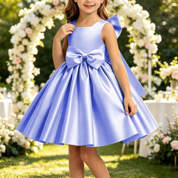 Girls' Satin Sleeveless Formal Party Dress, Square Neck, Large Bow Decor, Flared Swing Midi Skirt, Flower Girl Style, Suitable For Wedding Ceremonies, Birthday Banquets Purple 1-2 Years