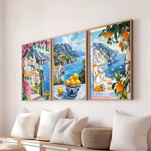 3pcs/ Set Amalfi Coast Painting Wall Art, Colorful Summer Mediterranean Print Set of 3, Italian Coast Landscape Poster, Travel Season Holiday Coast Decoration Oil Painting Print, Unframed