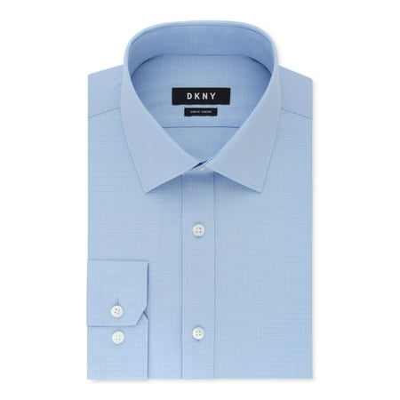 DKNY Mens Light Blue Check Collared Slim Fit Stretch Dress Shirt 16- 34/35