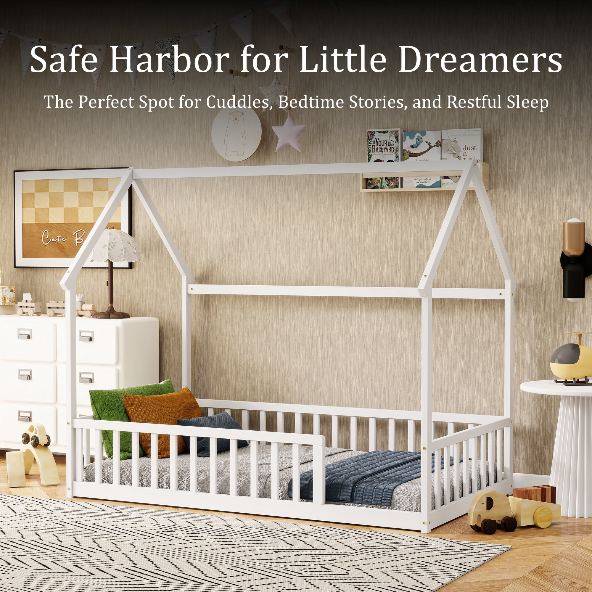 Twin White House Floor Bed with Full Safety Fence, Solid Pine Wood Montessori Kids Playhouse Bed Frame No Box Spring Needed Max 250 LBS for Toddler Bedroom Nursery